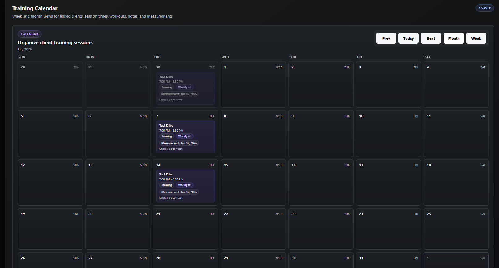 Training calendar with saved client sessions, times, and measurement notes.