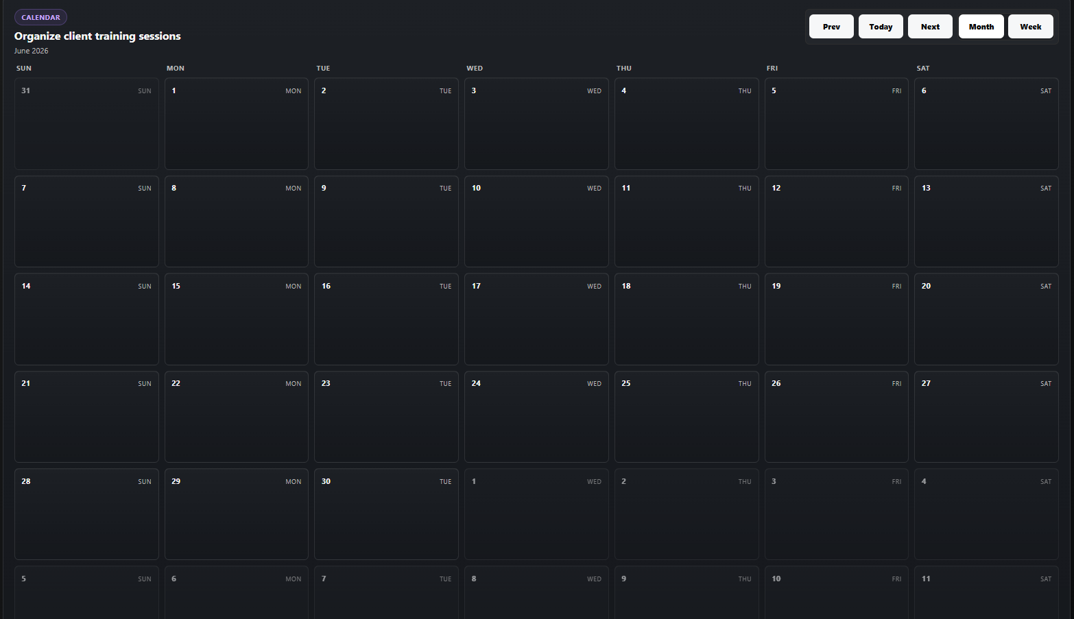 Training calendar month view showing an organized client training schedule.