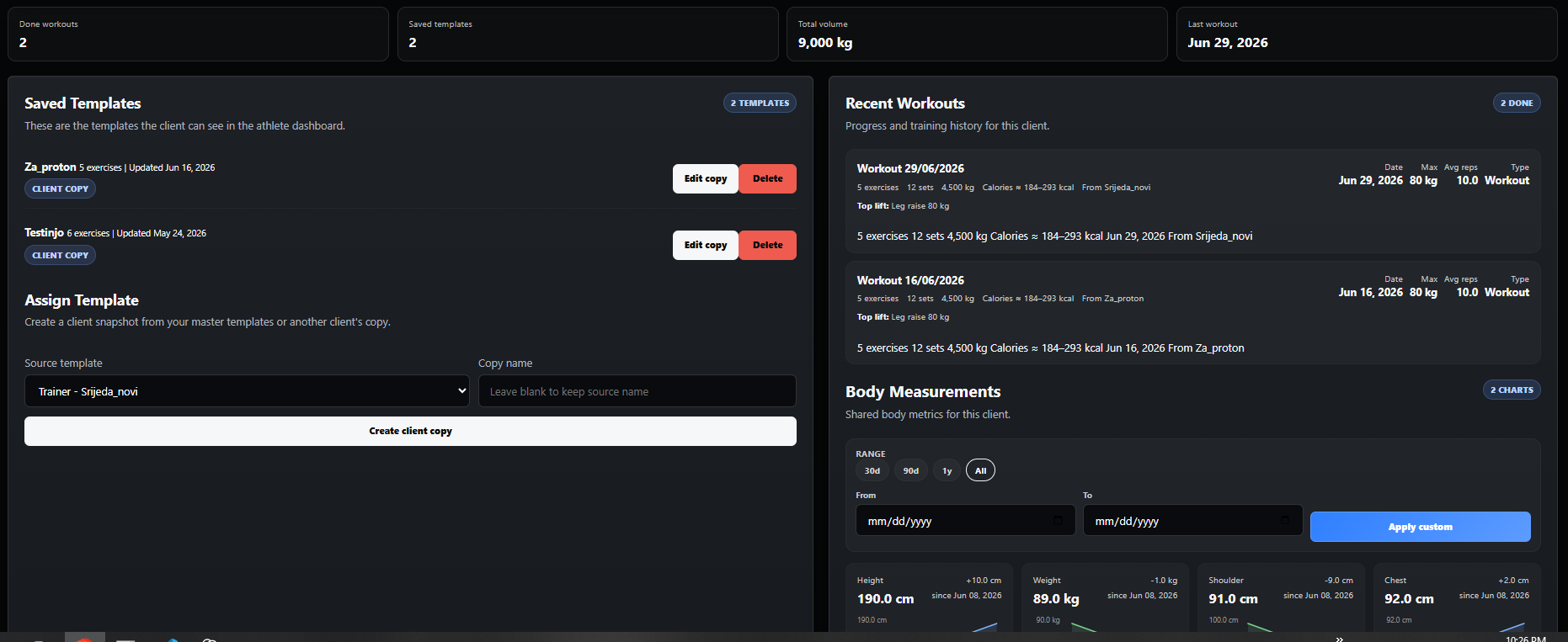 Client detail page showing saved templates, recent workouts, and body measurements.