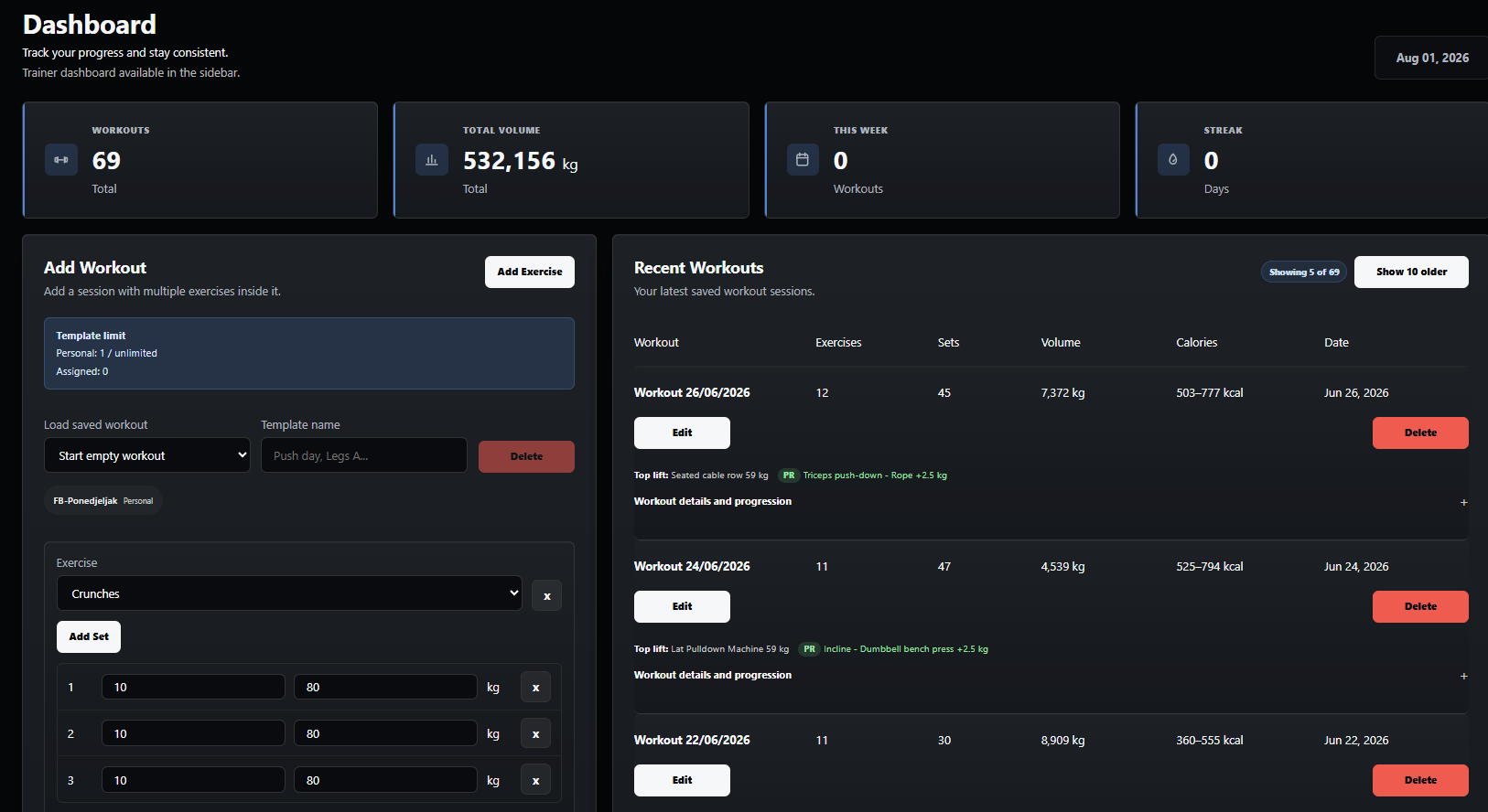 Athlete dashboard showing workout totals, recent workouts, and a workout builder.