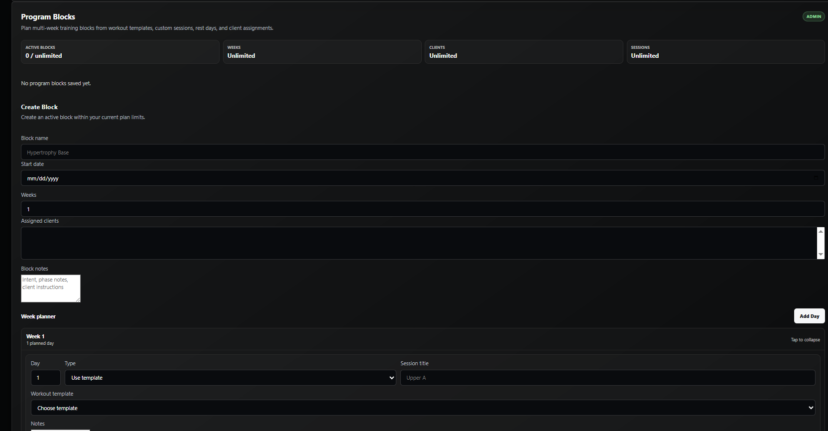 Program Block builder showing weeks, assigned clients, and planned workout days.