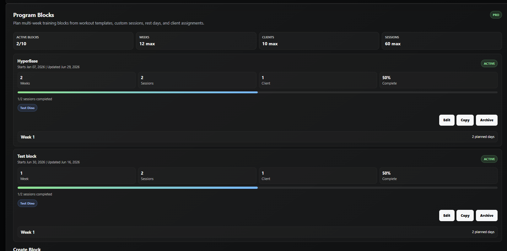 Program Blocks list showing active blocks, completion progress, clients, and planned days.