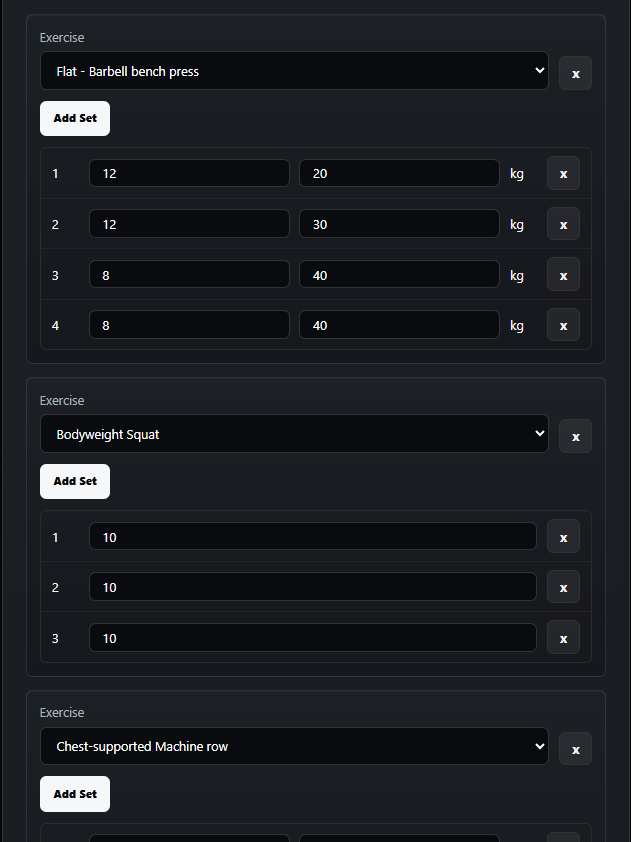 Workout editor showing exercises, sets, reps, and weights.